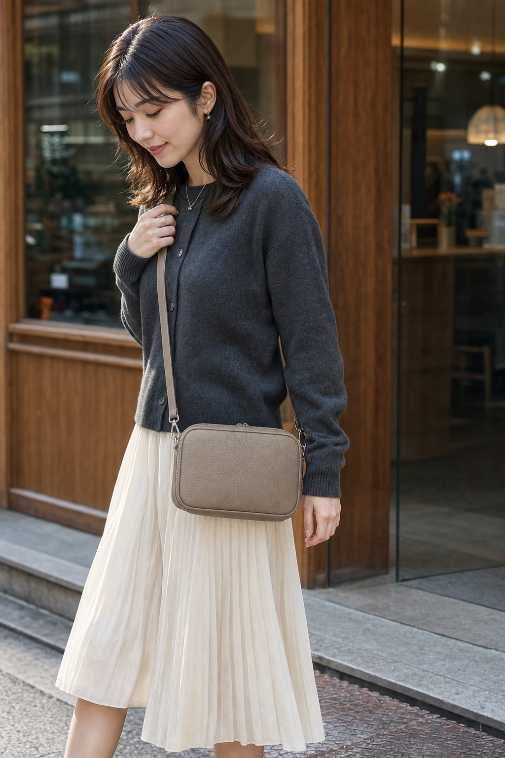 Rin Wallet ベージュを斜め掛けする女性